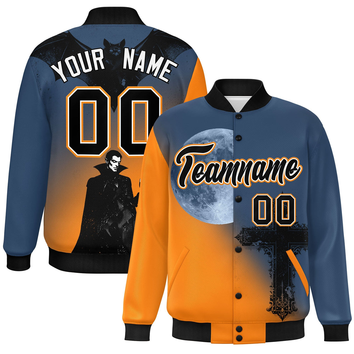 Custom Midnight Blue Orange Black skeleton Halloween Graffiti Pattern Stretch Fabric Jacket| KXKSHOP
