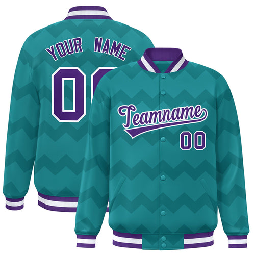 Custom Aqua Ripple Pattern Satin Full-Snap Varsity Jacket - F