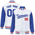 Personalized White & Royal Blue L Pattern Satin Full-Snap Varsity Jacket - F