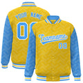 Custom Gold & Powder Blue L Pattern Satin Full-Snap Varsity Jacket - F