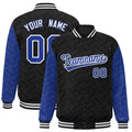 Personalized Black & Royal Blue L Pattern Satin Full-Snap Varsity Jacket - F