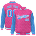 Custom Pink & Powder Blue L Pattern Satin Full-Snap Varsity Jacket - F