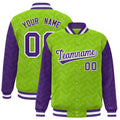 Custom Neon Green & Purple L Pattern Satin Full-Snap Varsity Jacket - F
