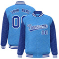Custom Powder Blue & Royal Blue L Pattern Satin Full-Snap Varsity Jacket - F