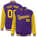 Custom Purple & Gold L Pattern Satin Full-Snap Varsity Jacket - F