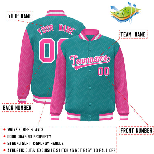 Custom Aqua & Pink L Pattern Satin Full-Snap Varsity Jacket - C