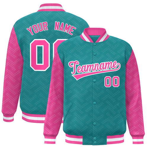 Custom Aqua & Pink L Pattern Satin Full-Snap Varsity Jacket - F