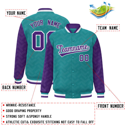 Custom Aqua & Purple L Pattern Satin Full-Snap Varsity Jacket - C