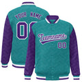 Custom Aqua & Purple L Pattern Satin Full-Snap Varsity Jacket - F
