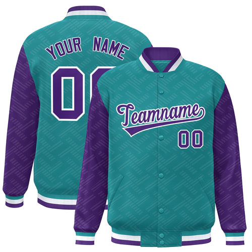 Custom Aqua & Purple L Pattern Satin Full-Snap Varsity Jacket - F