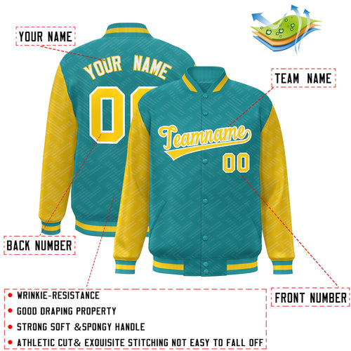 Custom Aqua & Gold L Pattern Satin Full-Snap Varsity Jacket - C