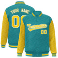 Custom Aqua & Gold L Pattern Satin Full-Snap Varsity Jacket - F