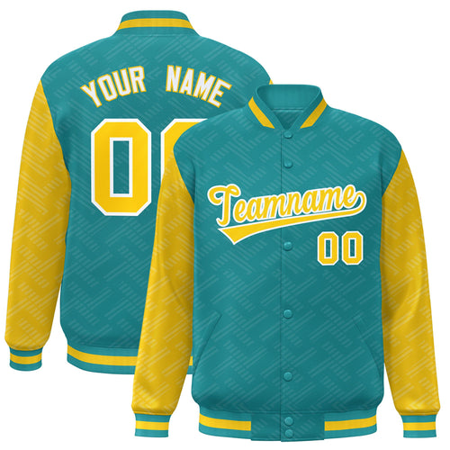 Custom Aqua & Gold L Pattern Satin Full-Snap Varsity Jacket - F