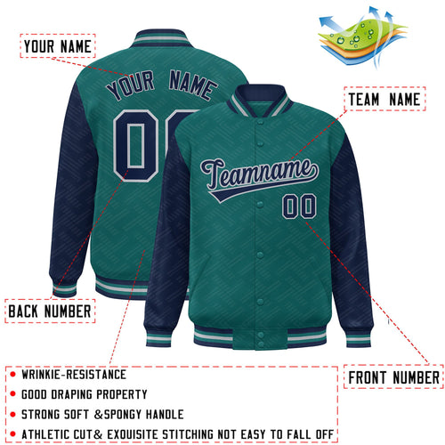 Custom Aqua & Navy L Pattern Satin Full-Snap Varsity Jacket - C
