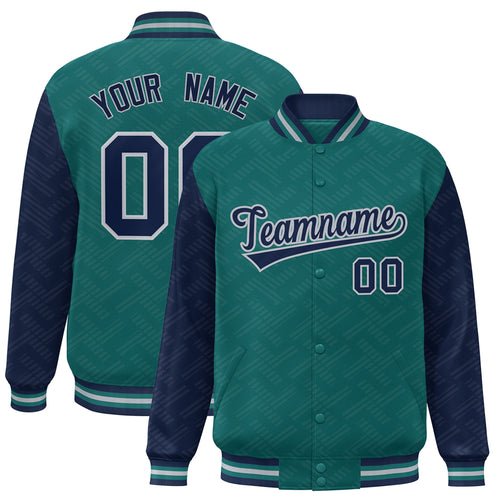 Custom Aqua & Navy L Pattern Satin Full-Snap Varsity Jacket - F