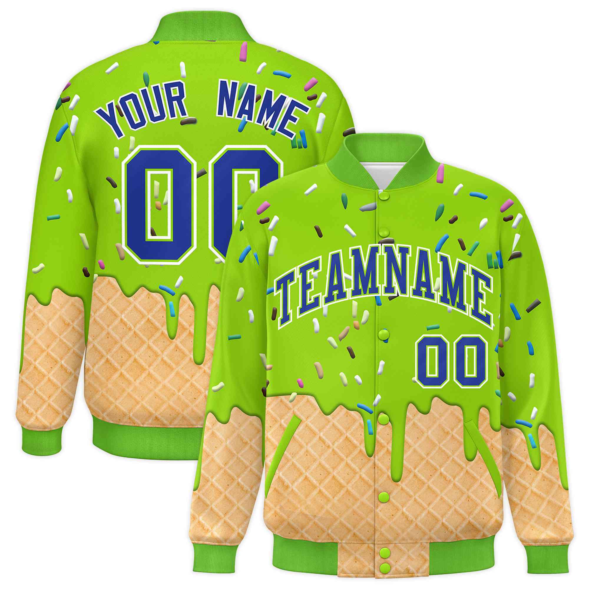 Custom Neon Green Ice Cream Cone Graffiti Pattern Full-Snap Varsity Letterman Jackets| KXKSHOP
