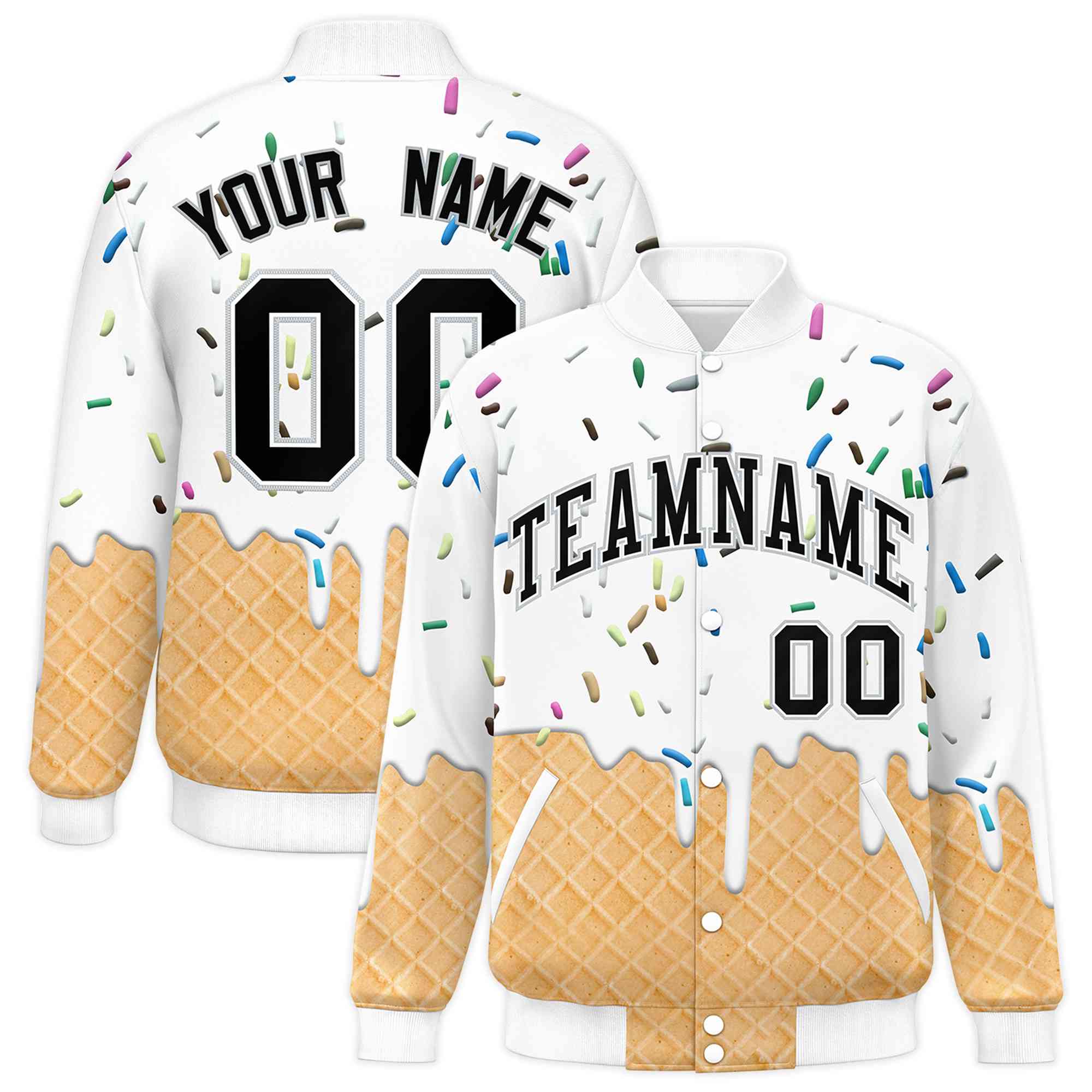 Custom White Ice Cream Cone Graffiti Pattern Full-Snap Varsity Letterman Jackets| KXKSHOP