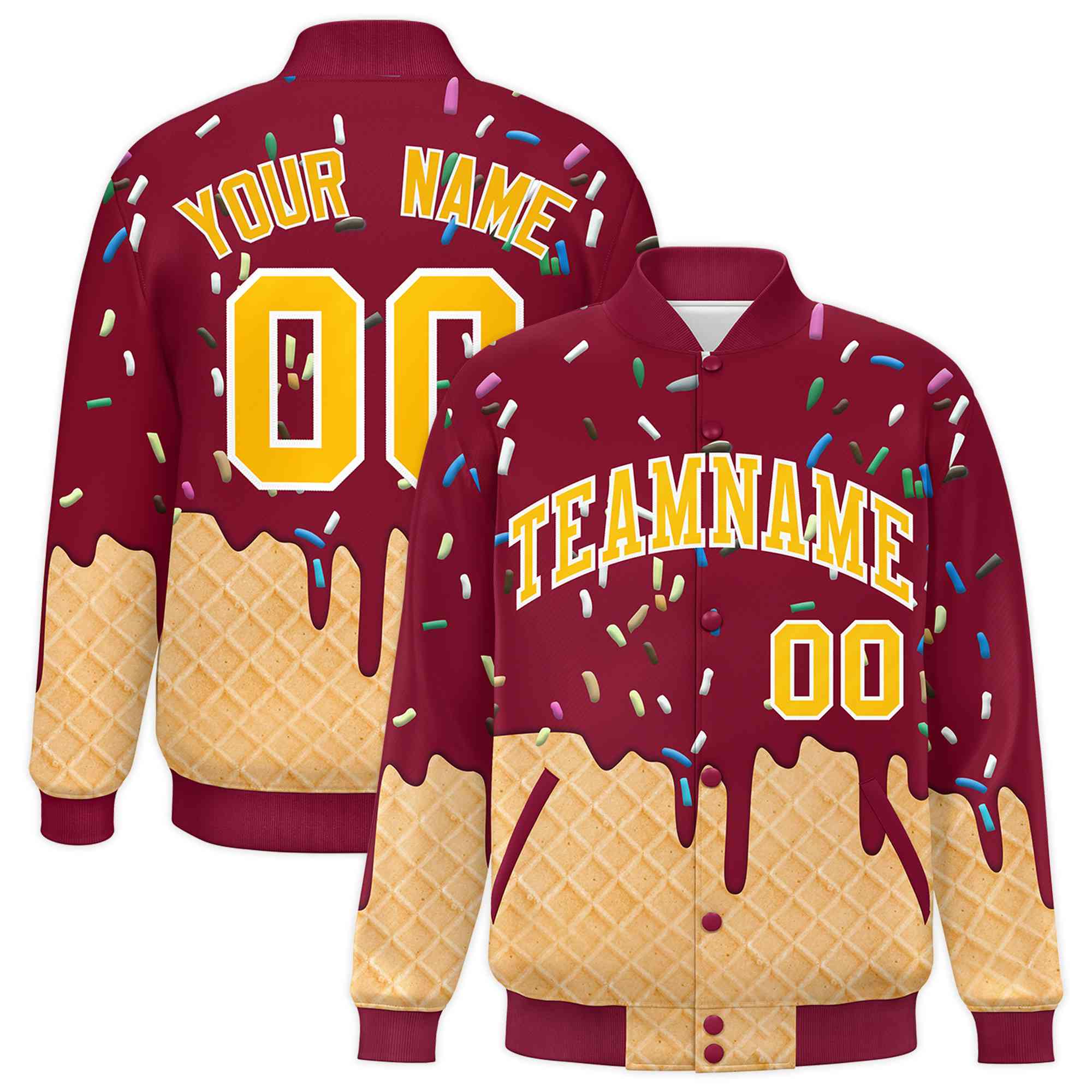 Custom Crimson Ice Cream Cone Graffiti Pattern Full-Snap Varsity Letterman Jackets| KXKSHOP