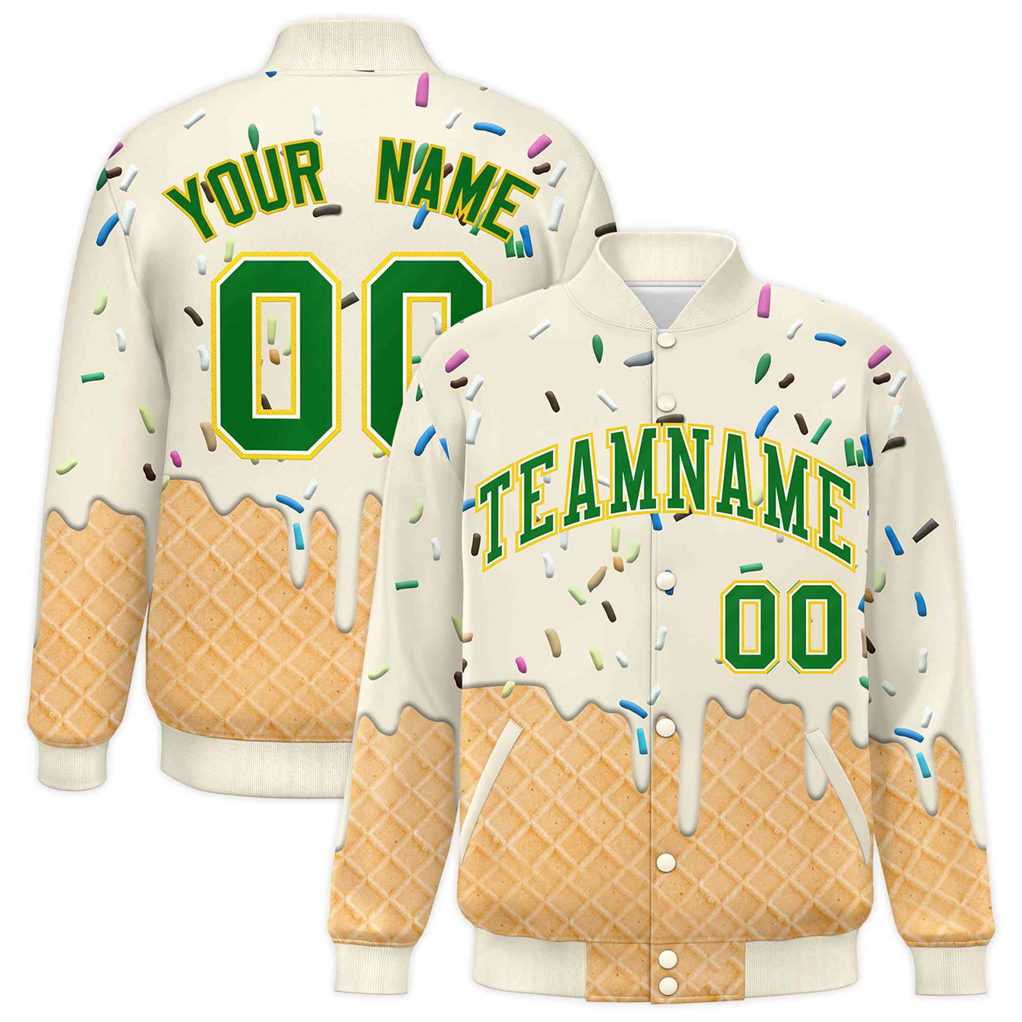 Custom Cream Ice Cream Cone Graffiti Pattern Full-Snap Varsity Letterman Jackets| KXKSHOP