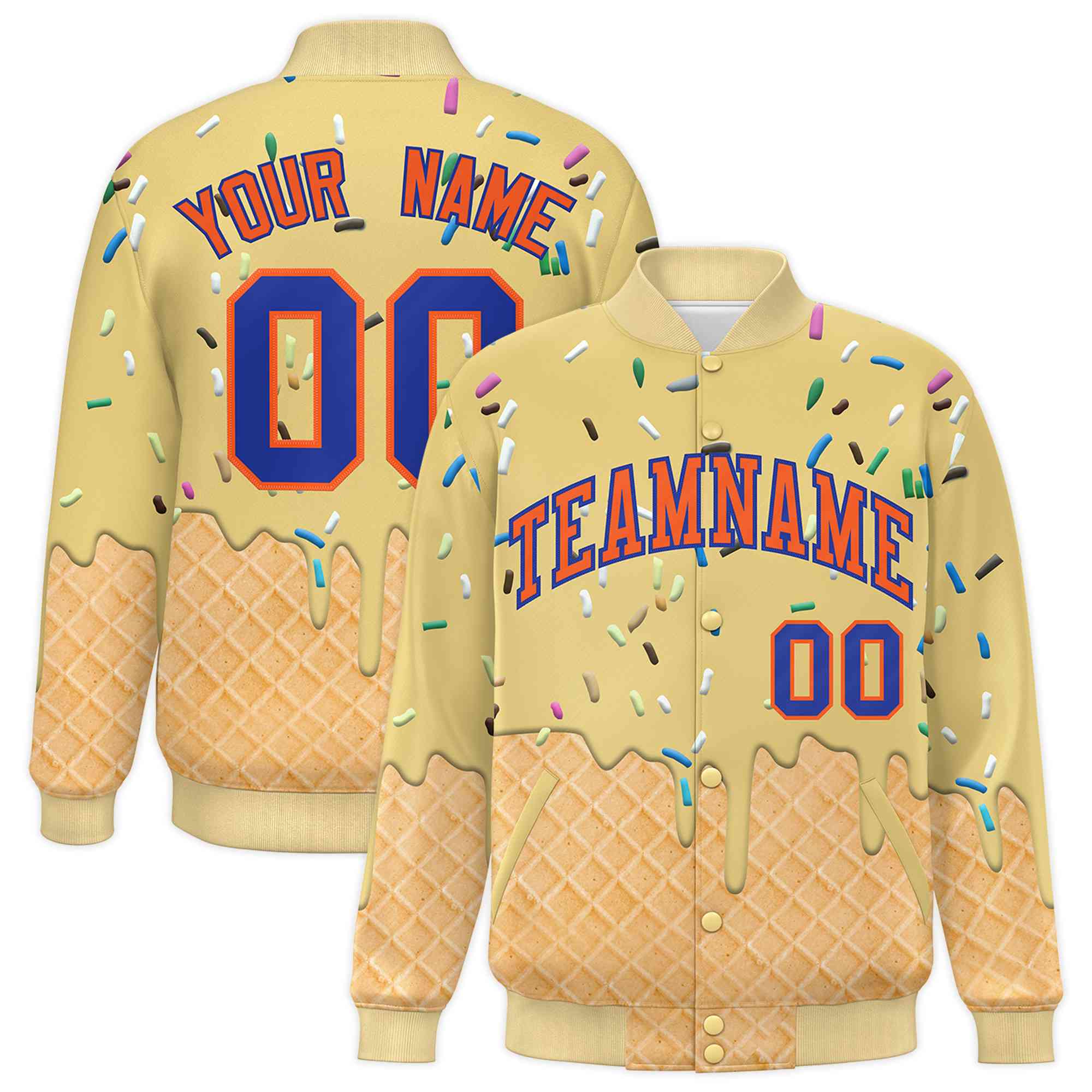 Custom Khaki Ice Cream Cone Graffiti Pattern Full-Snap Varsity Letterman Jackets| KXKSHOP