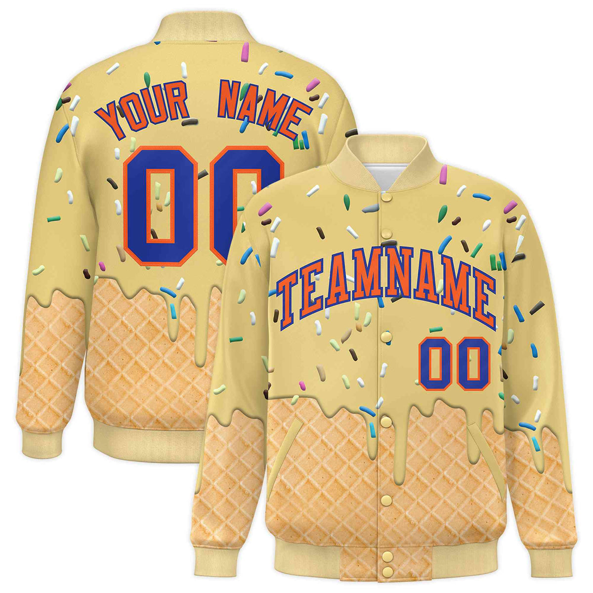 Custom Khaki Ice Cream Cone Graffiti Pattern Full-Snap Varsity Letterman Jackets| KXKSHOP