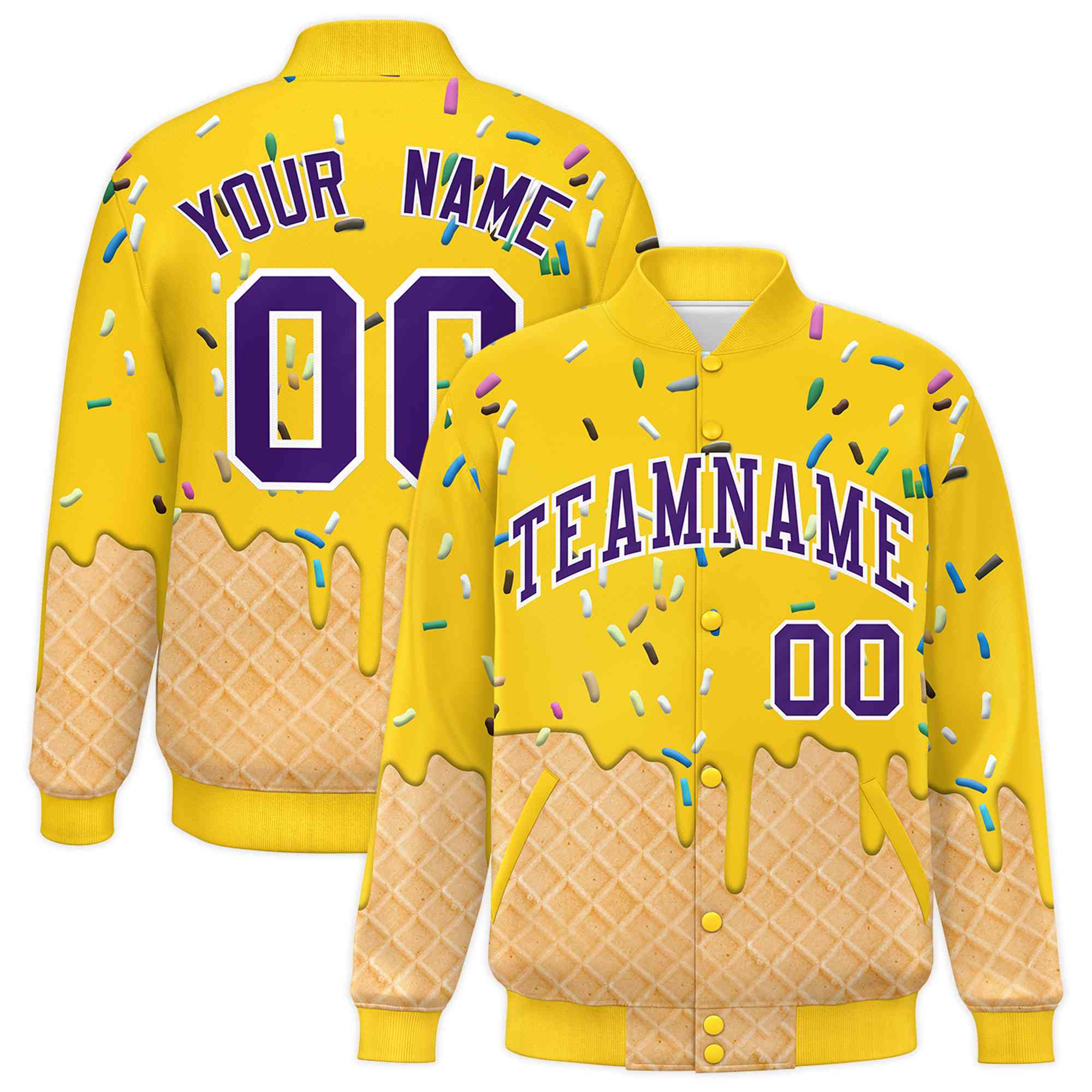 Custom Gold Ice Cream Cone Graffiti Pattern Full-Snap Varsity Letterman Jackets| KXKSHOP