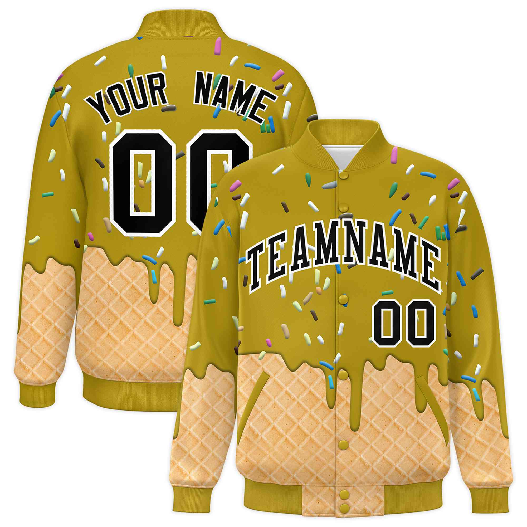 Custom Old Gold Ice Cream Cone Graffiti Pattern Full-Snap Varsity Letterman Jackets| KXKSHOP