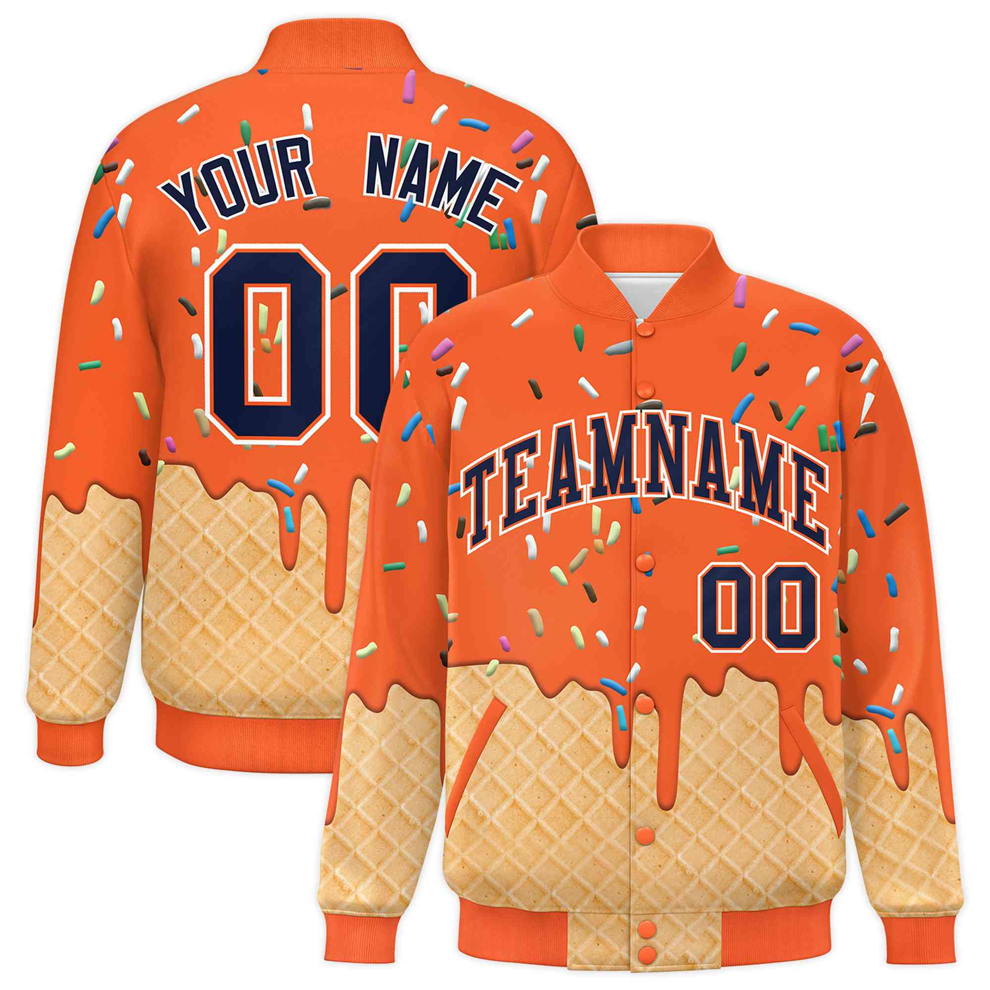 Custom Orange Ice Cream Cone Graffiti Pattern Full-Snap Varsity Letterman Jackets| KXKSHOP