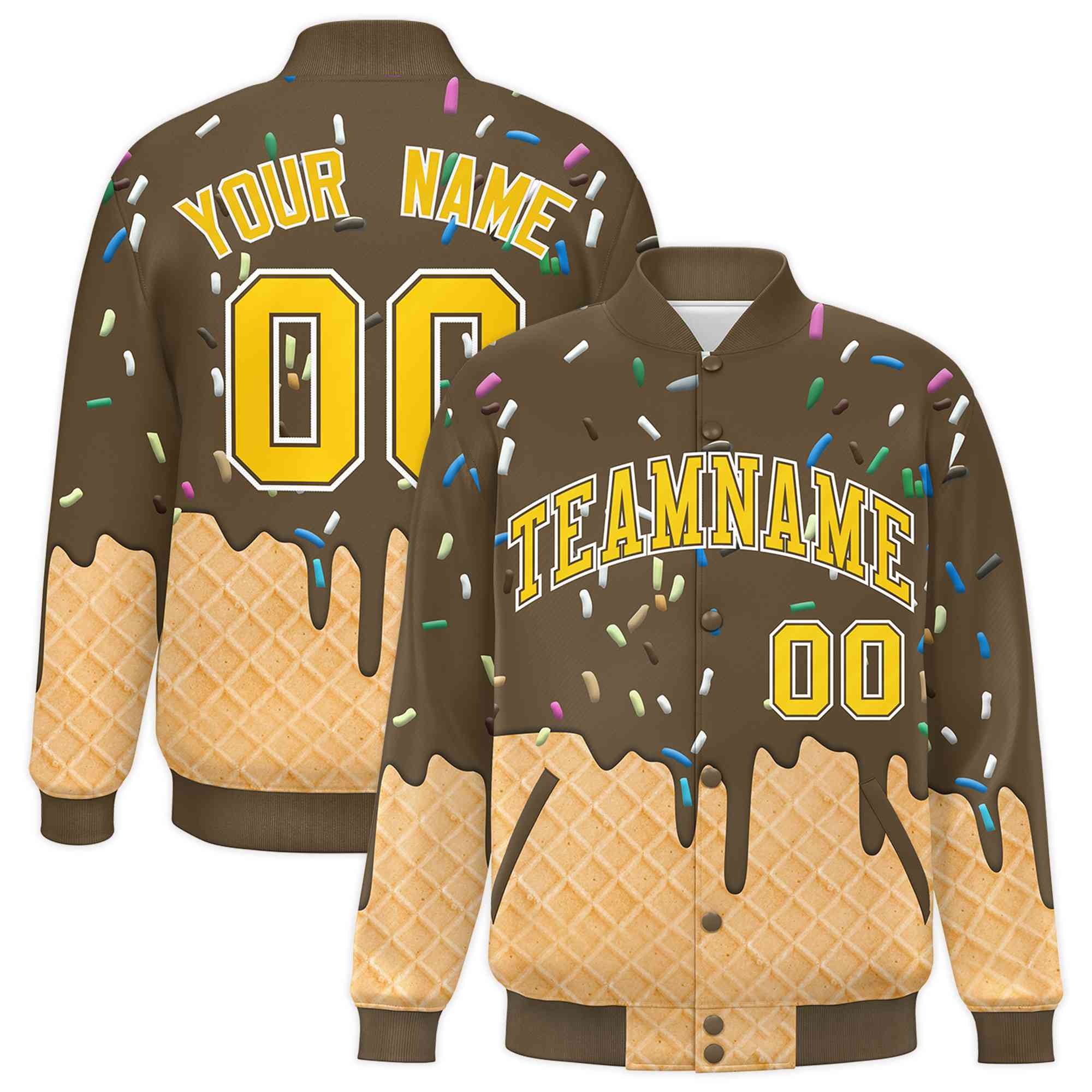 Custom Light Brown Ice Cream Cone Graffiti Pattern Full-Snap Varsity Letterman Jackets| KXKSHOP