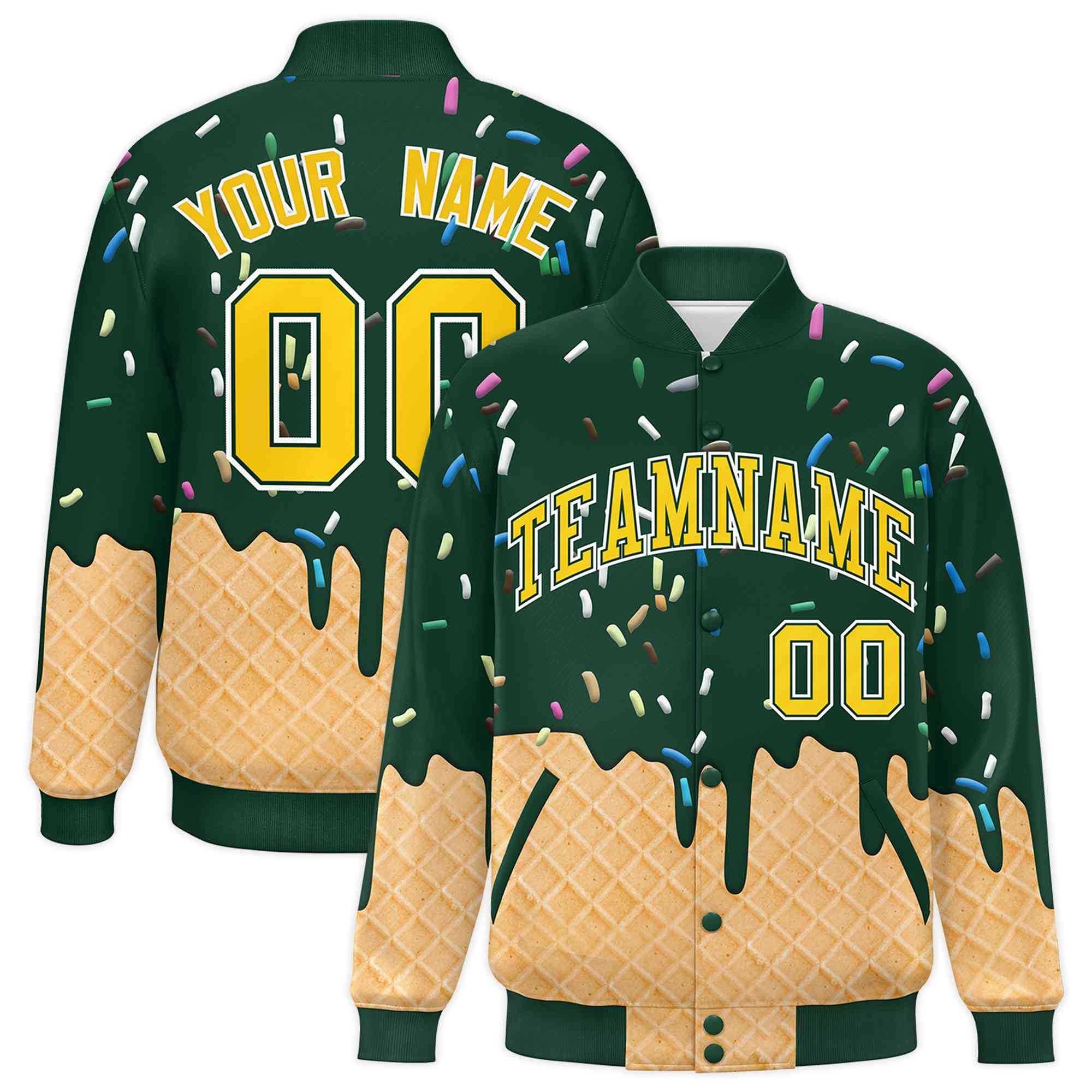 Custom Green Ice Cream Cone Graffiti Pattern Full-Snap Varsity Letterman Jackets| KXKSHOP