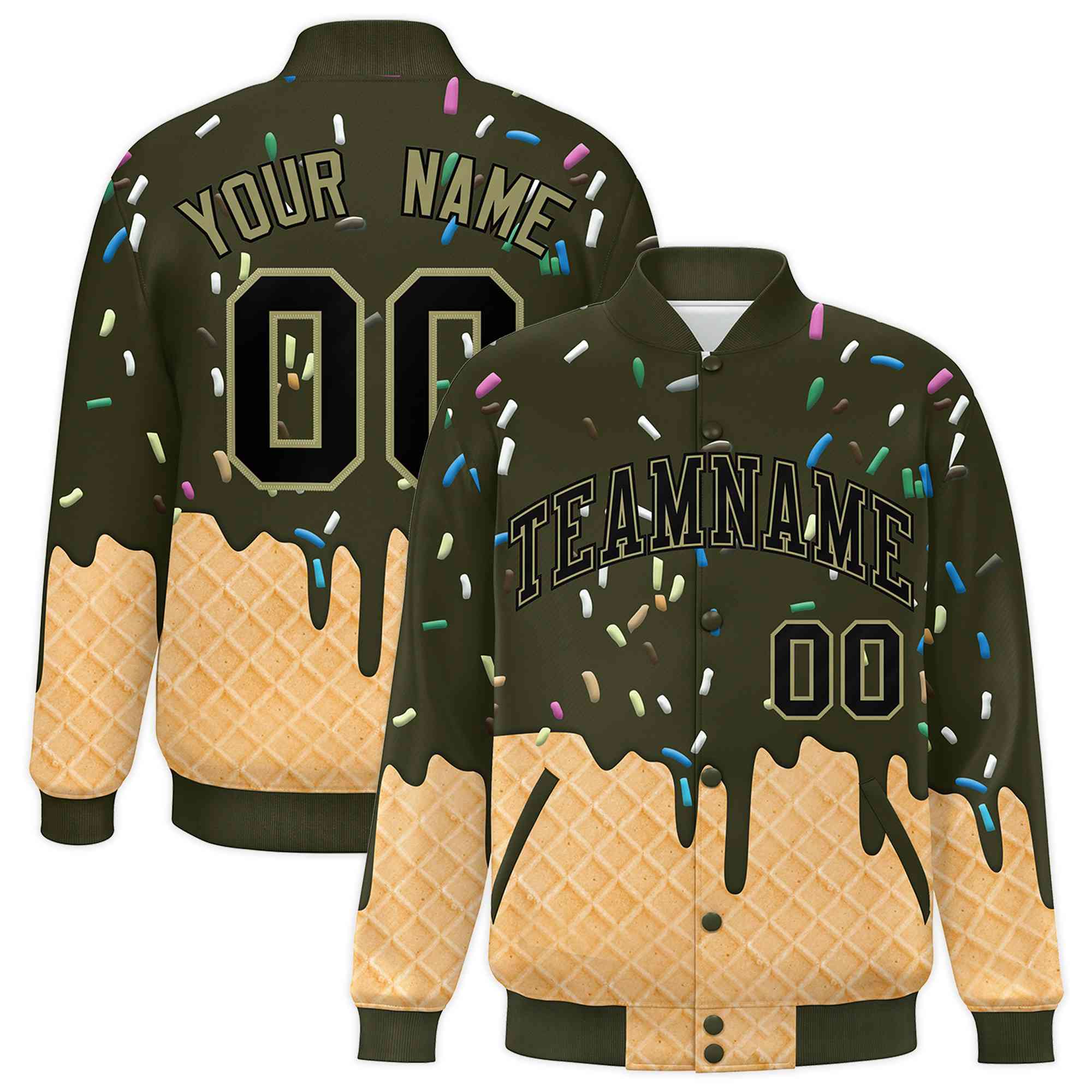Custom Olive Ice Cream Cone Graffiti Pattern Full-Snap Varsity Letterman Jackets| KXKSHOP