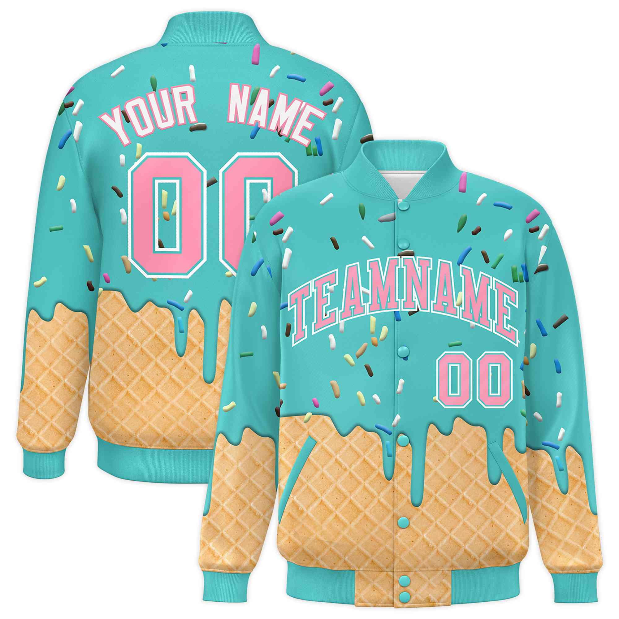 Custom Teal Ice Cream Cone Graffiti Pattern Full-Snap Varsity Letterman Jackets| KXKSHOP