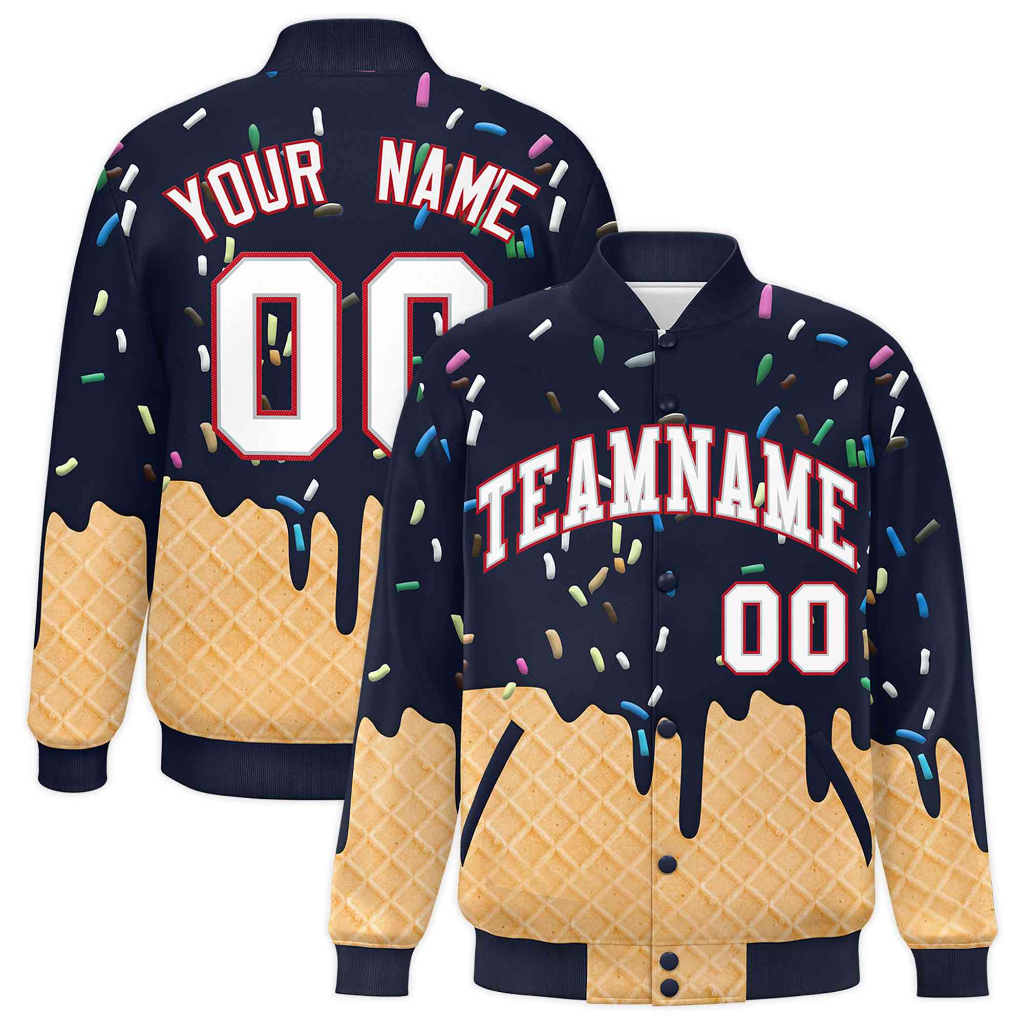 Custom Navy Ice Cream Cone Graffiti Pattern Full-Snap Varsity Letterman Jackets| KXKSHOP