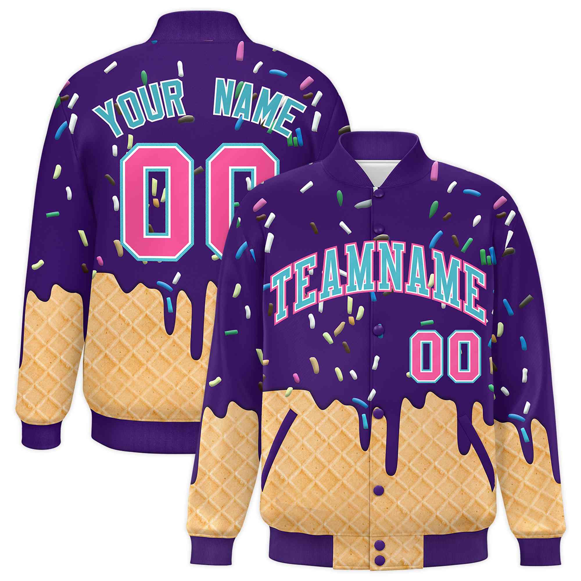 Custom Purple Ice Cream Cone Graffiti Pattern Full-Snap Varsity Letterman Jackets| KXKSHOP