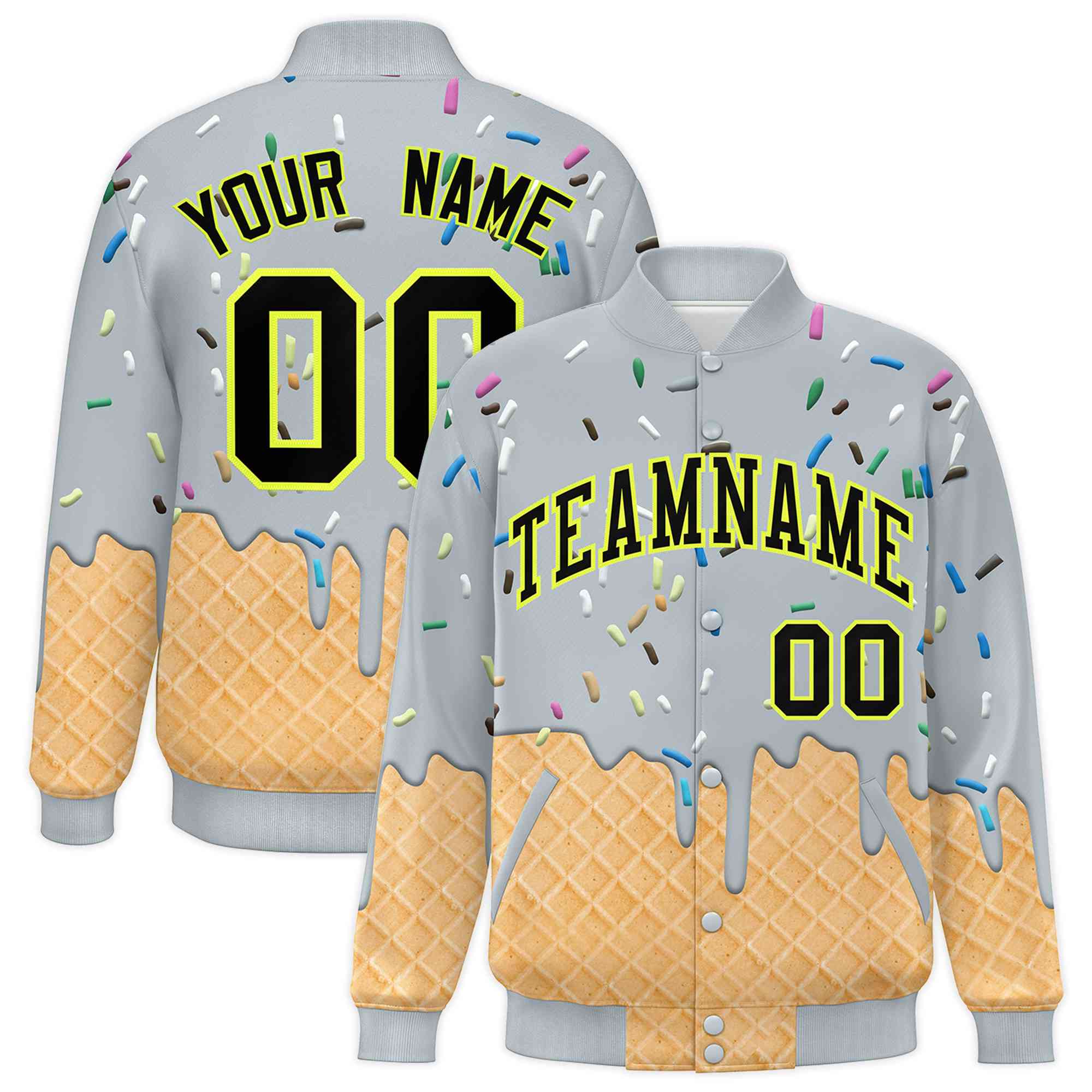 Custom Silver Ice Cream Cone Graffiti Pattern Full-Snap Varsity Letterman Jackets| KXKSHOP