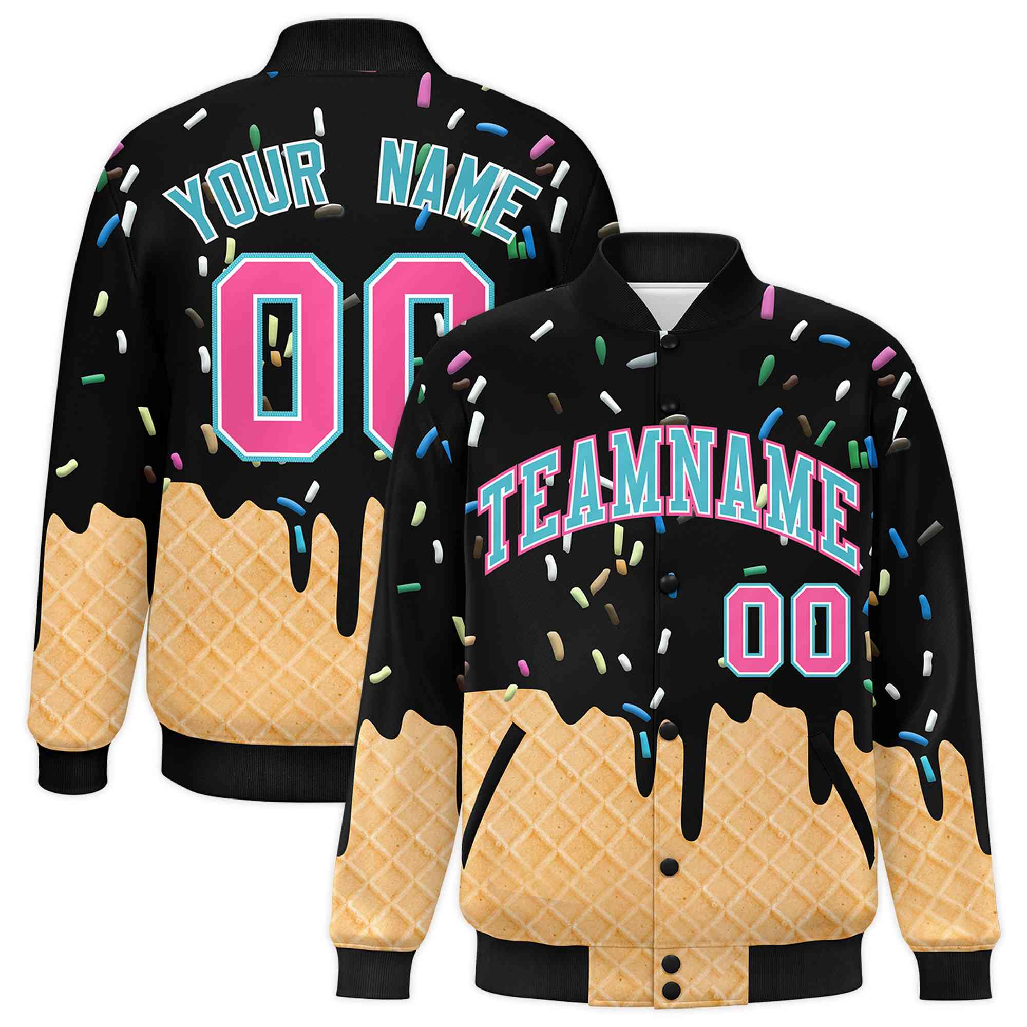 Custom Black Ice Cream Cone Graffiti Pattern Full-Snap Varsity Letterman Jackets| KXKSHOP