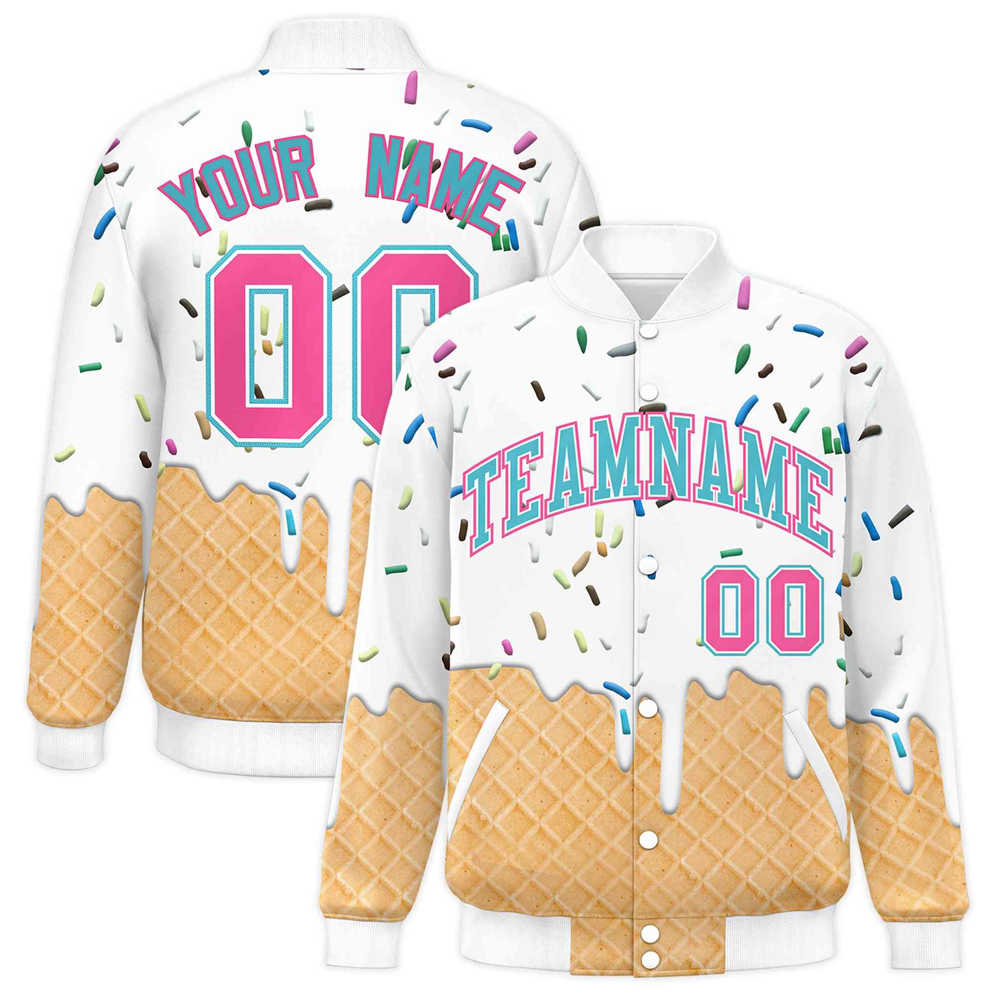 Custom White Ice Cream Cone Graffiti Pattern Full-Snap Varsity Letterman Jackets| KXKSHOP