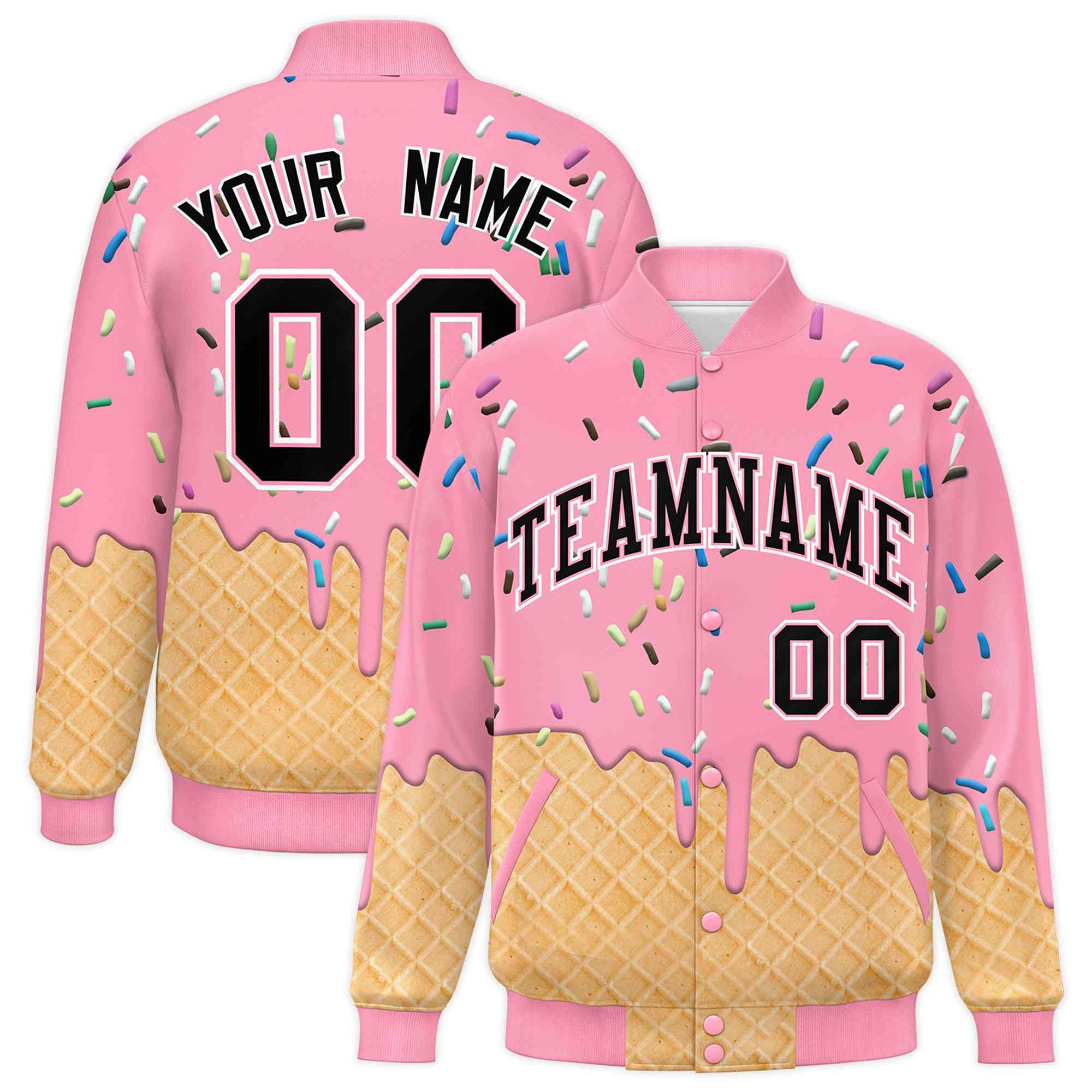 Custom Light Pink Ice Cream Cone Graffiti Pattern Full-Snap Varsity Letterman Jackets| KXKSHOP
