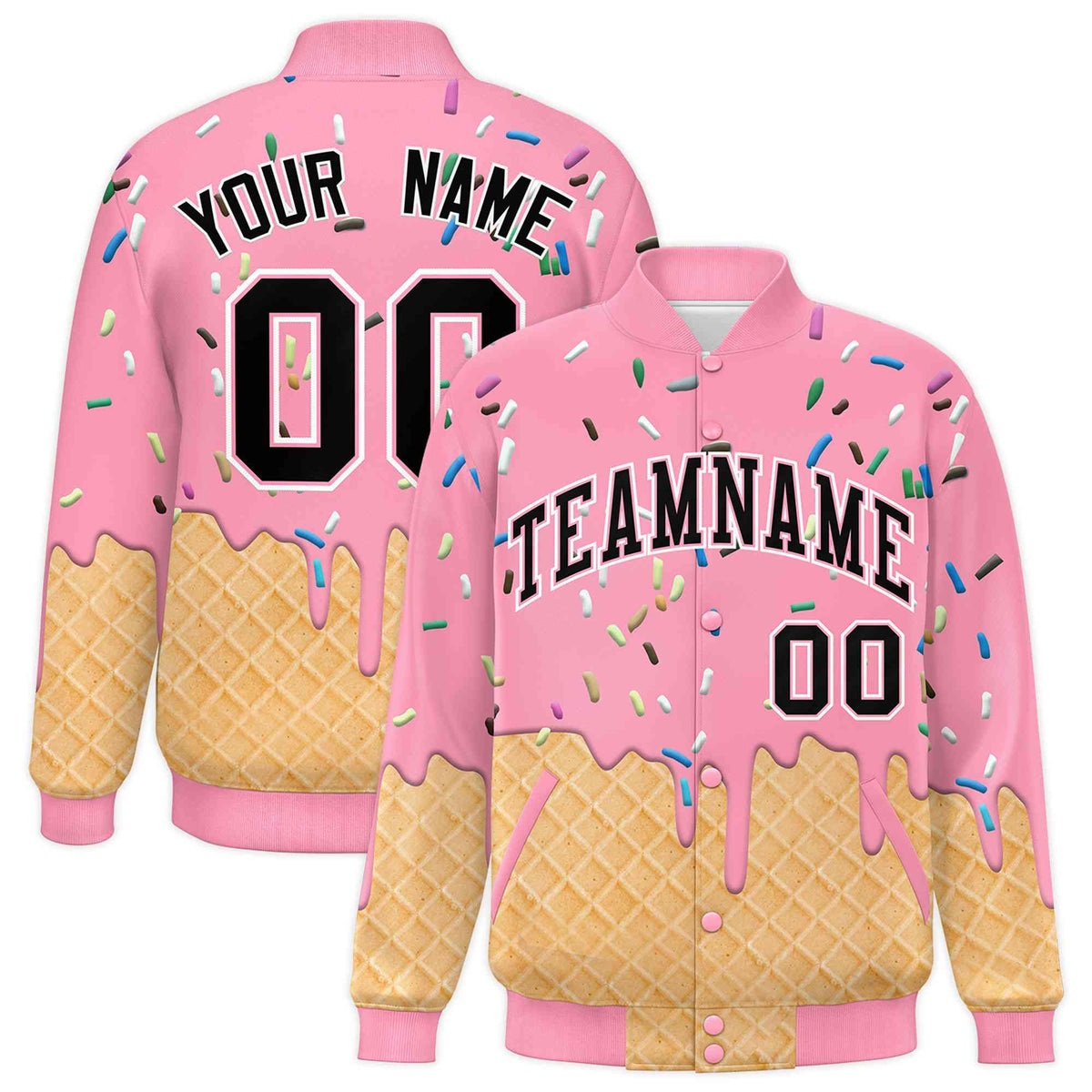 Custom Light Pink Ice Cream Cone Graffiti Pattern Full-Snap Varsity Letterman Jackets| KXKSHOP