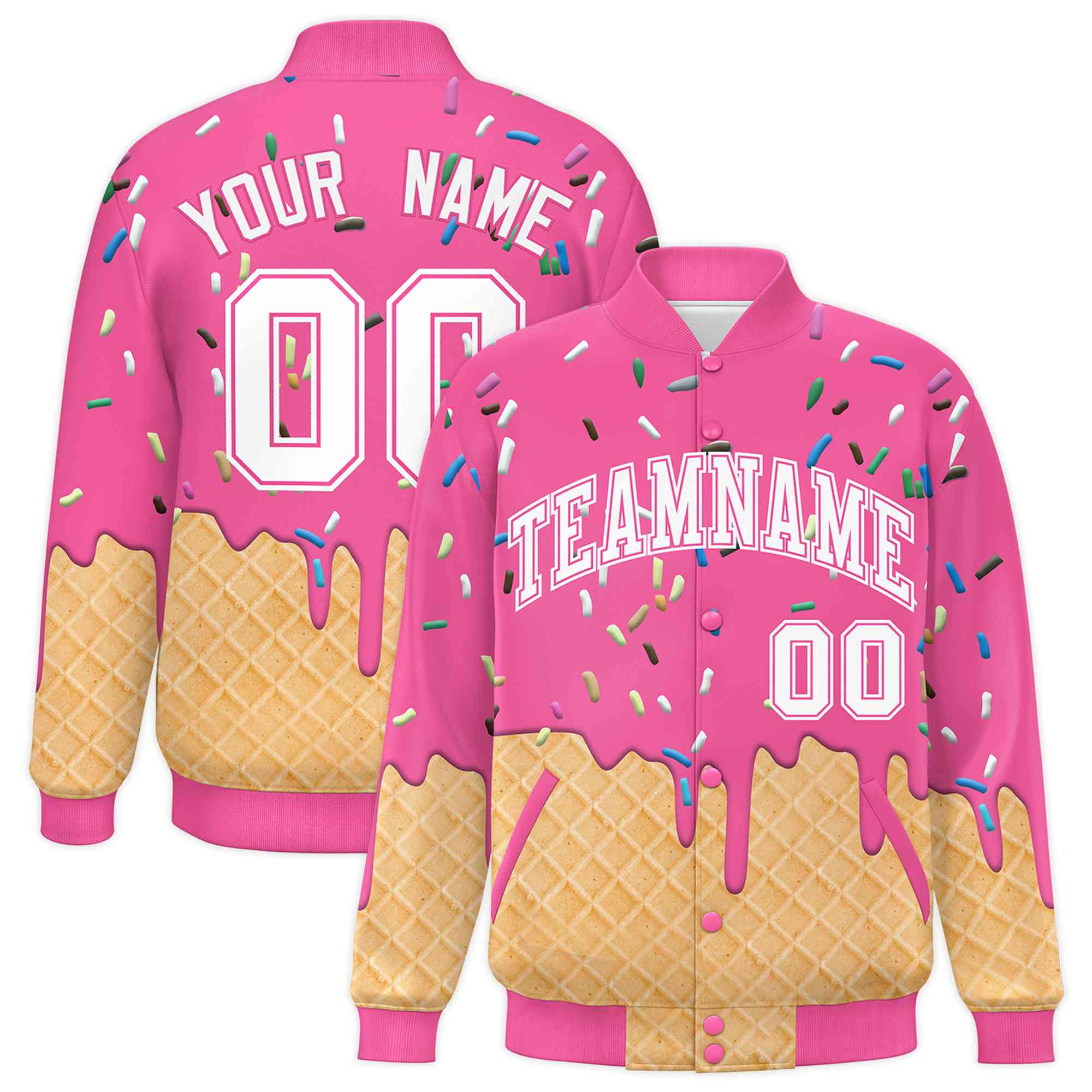 Custom Pink Ice Cream Cone Graffiti Pattern Full-Snap Varsity Letterman Jackets| KXKSHOP