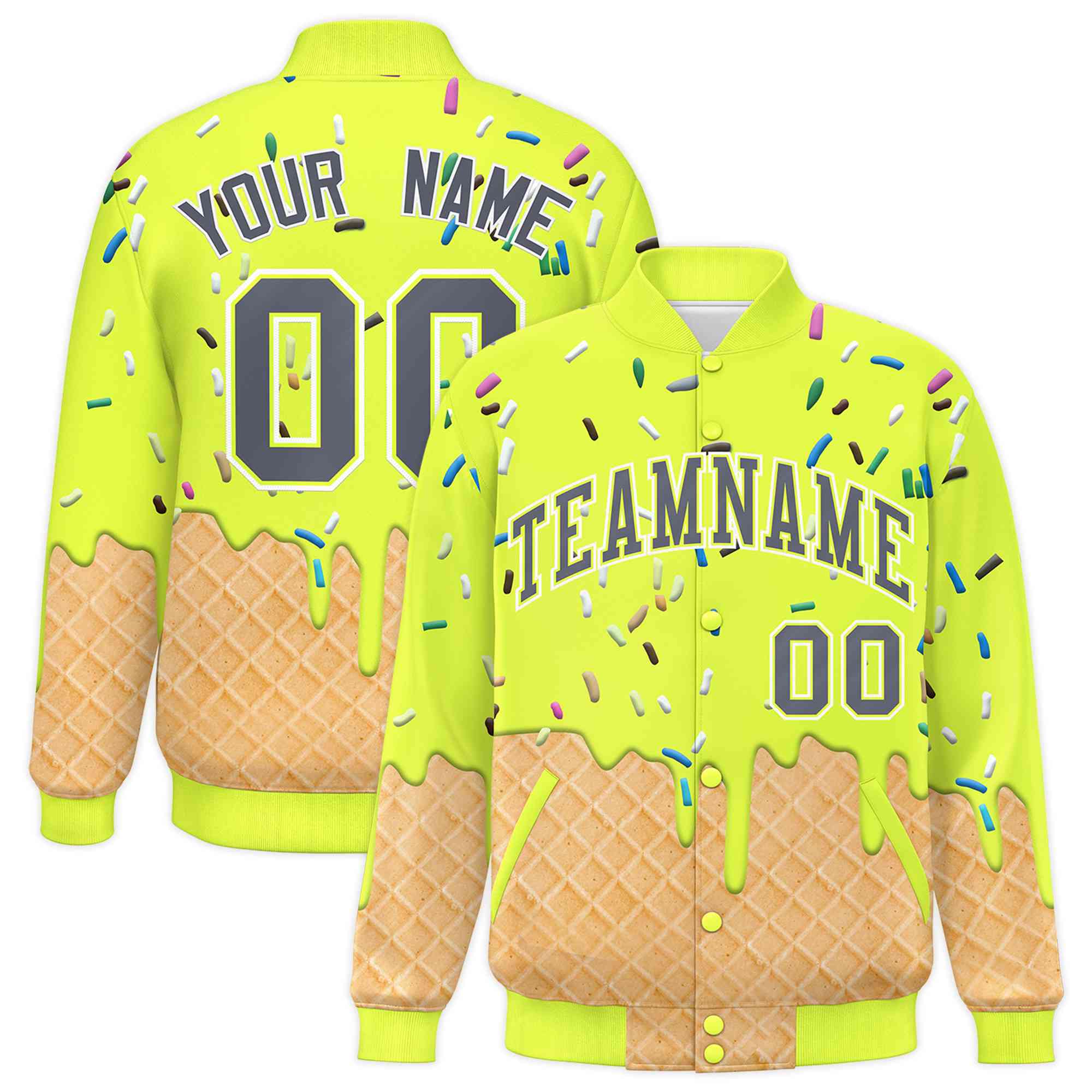 Custom Fluorescent Green Ice Cream Cone Graffiti Pattern Full-Snap Varsity Letterman Jackets| KXKSHOP