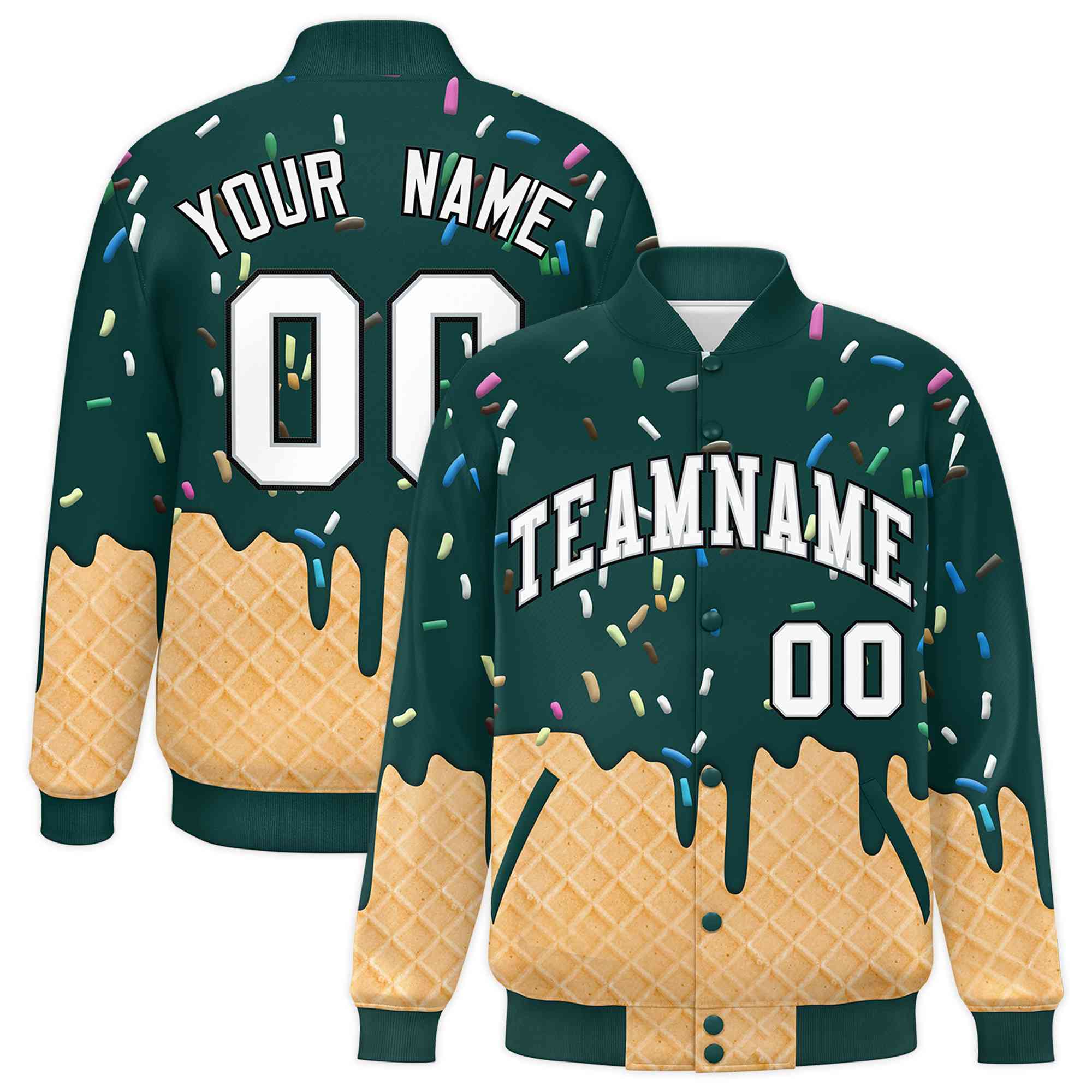 Custom Midnight Green Ice Cream Cone Graffiti Pattern Full-Snap Varsity Letterman Jackets| KXKSHOP