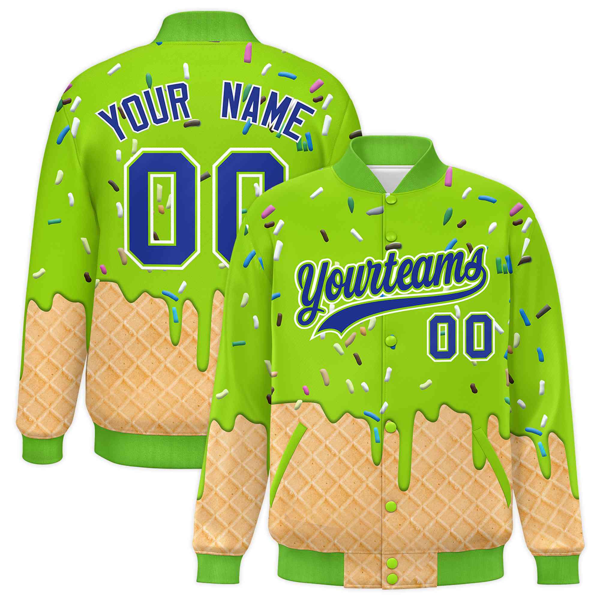 Custom Neon Green Ice Cream Cone Graffiti Pattern Full-Snap Varsity Letterman Jackets| KXKSHOP