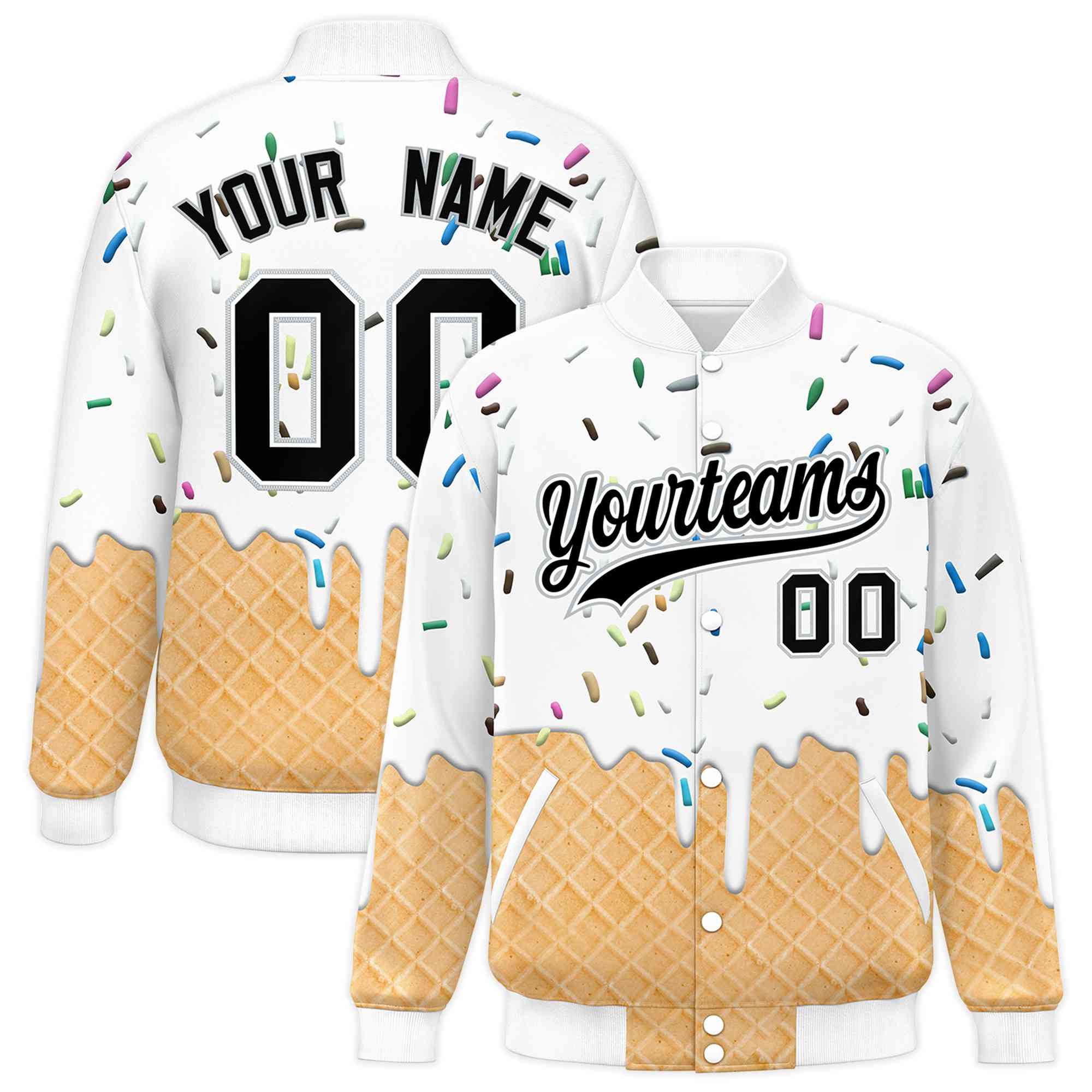Custom White Ice Cream Cone Graffiti Pattern Full-Snap Varsity Letterman Jackets| KXKSHOP