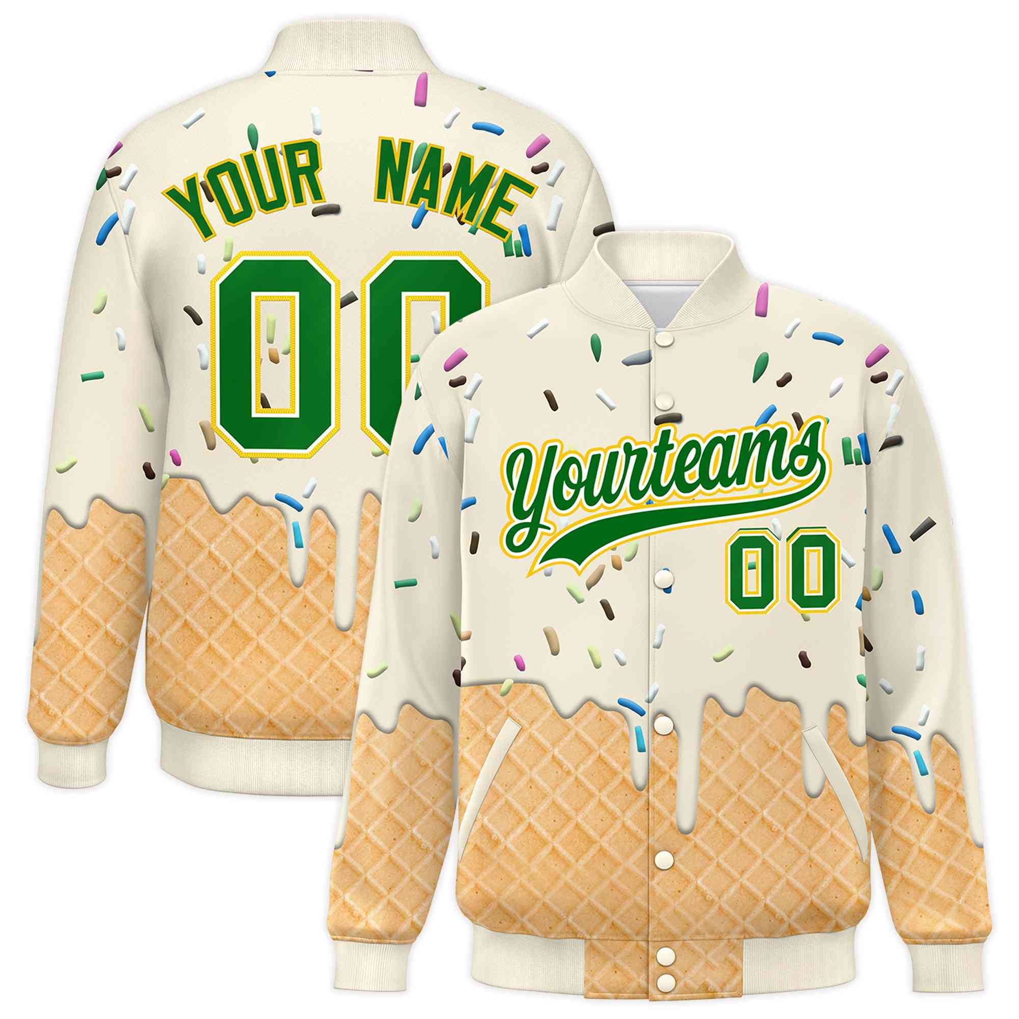 Custom Cream Ice Cream Cone Graffiti Pattern Full-Snap Varsity Letterman Jackets| KXKSHOP