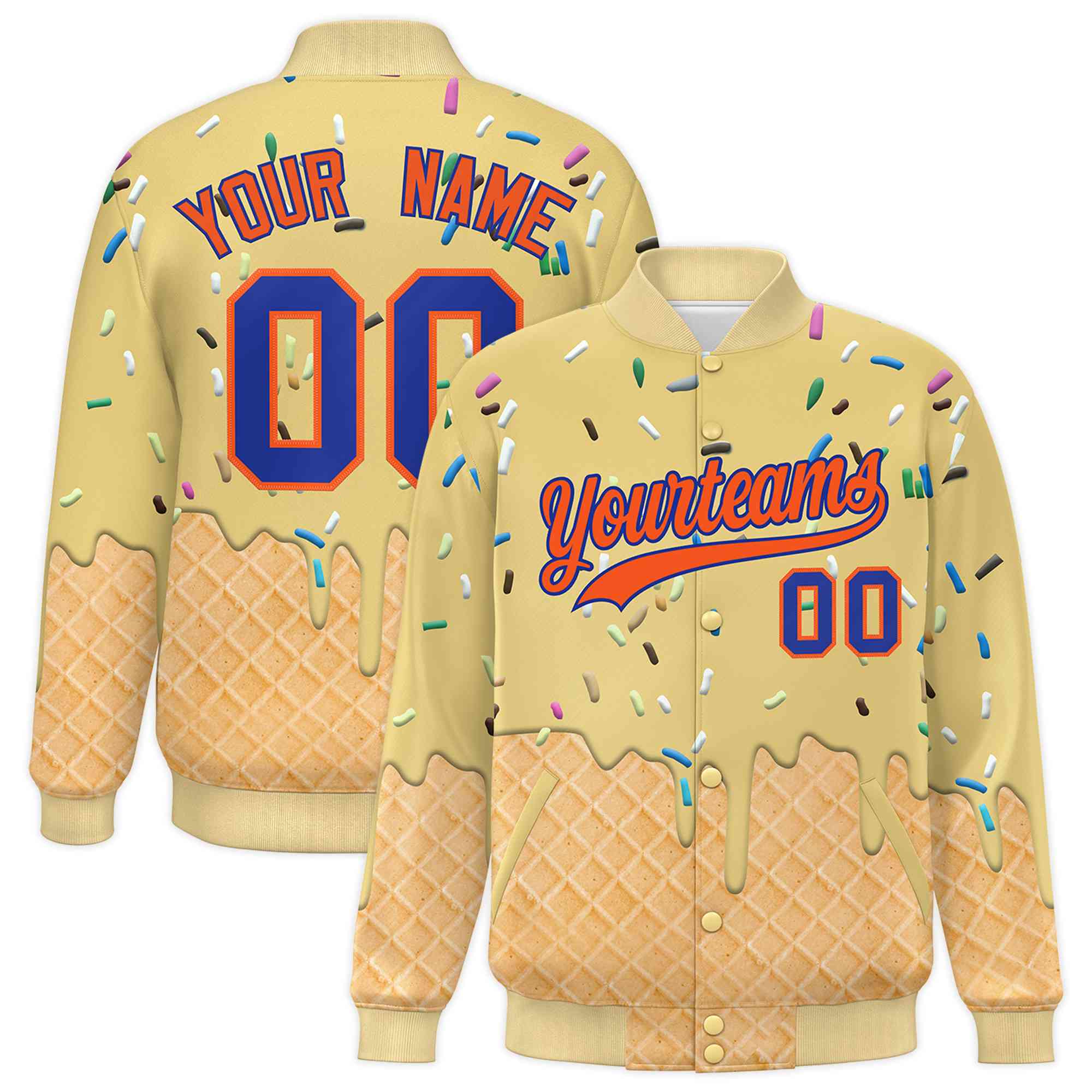 Custom Khaki Ice Cream Cone Graffiti Pattern Full-Snap Varsity Letterman Jackets| KXKSHOP