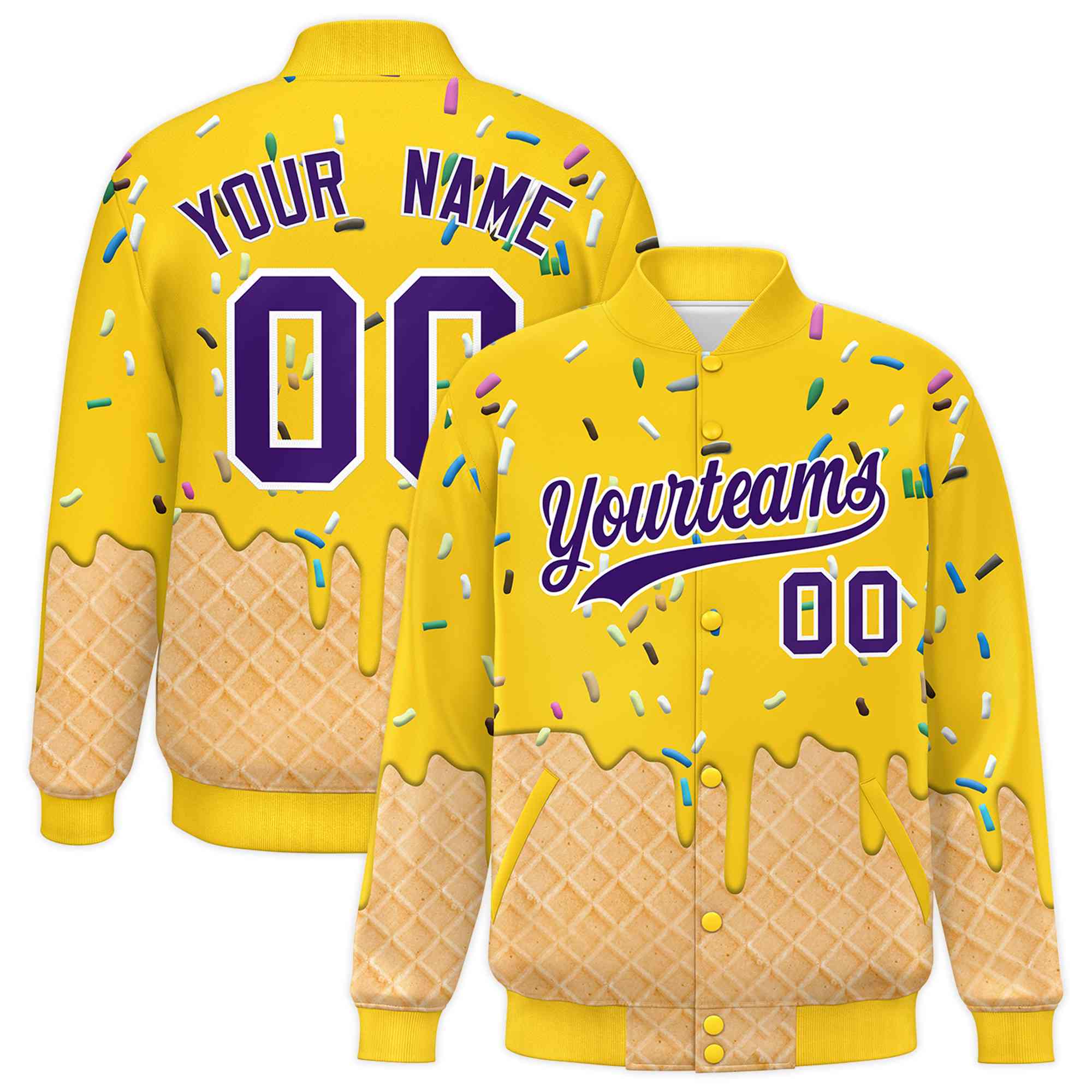 Custom Gold Ice Cream Cone Graffiti Pattern Full-Snap Varsity Letterman Jackets| KXKSHOP