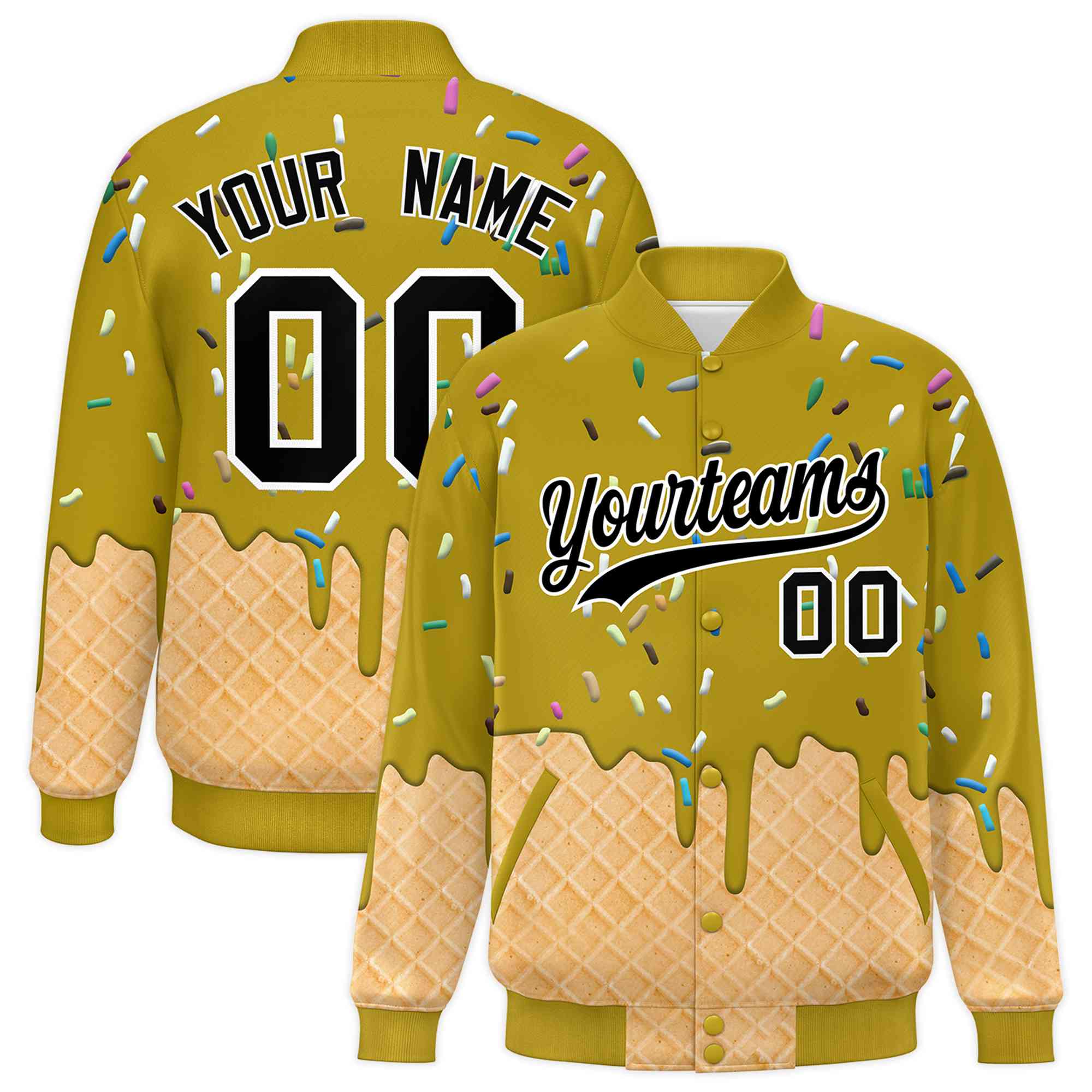 Custom Old Gold Ice Cream Cone Graffiti Pattern Full-Snap Varsity Letterman Jackets| KXKSHOP