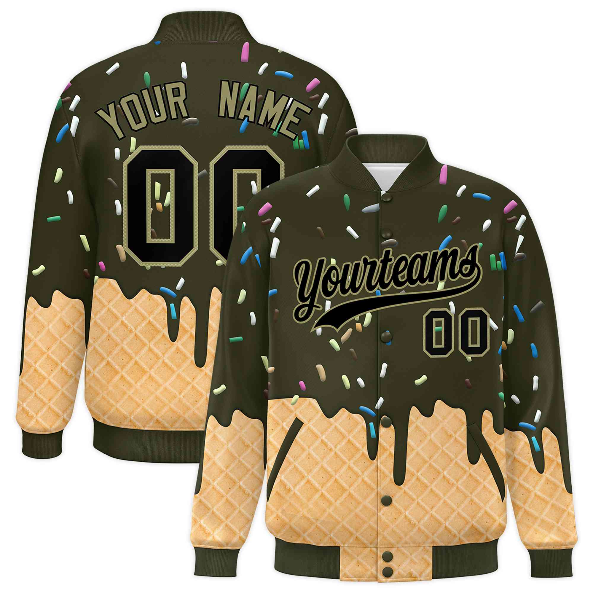Custom Olive Ice Cream Cone Graffiti Pattern Full-Snap Varsity Letterman Jackets| KXKSHOP