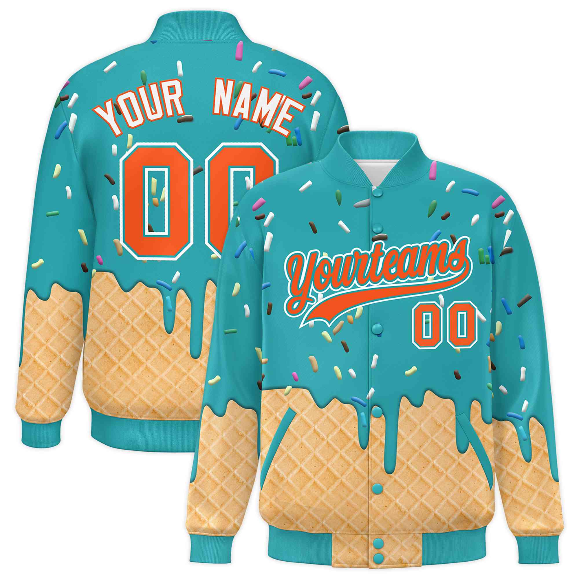 Custom Aqua Ice Cream Cone Graffiti Pattern Full-Snap Varsity Letterman Jackets| KXKSHOP